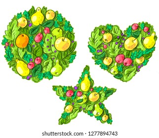 Set illustration with vegetables, fruits, heart, star, circle, vegan, vegetarian