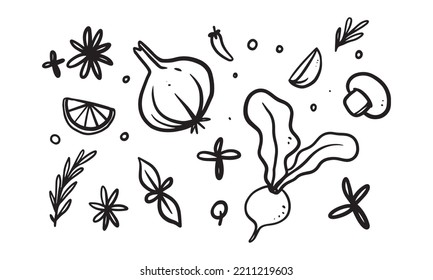 Set of illustration of vegetables and seasonings pattern in hand drawn design.