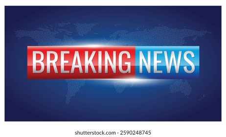 Set illustration of vibrant "Breaking News" banner with bold red and blue sections on a dark blue background featuring a dotted world map. This dynamic design is suitable for media broadcasts, urgent 