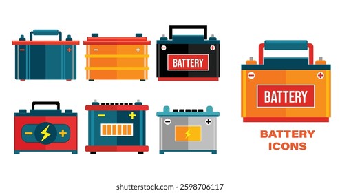 Set illustration of vibrant and colorful battery icons representing different types of batteries. These high-quality vector illustrations are ideal for energy, power storage, and electrical