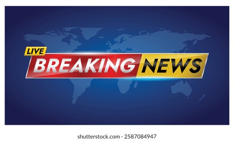 Set illustration of vibrant and dynamic "Breaking News" banner with bold red, yellow, and white text on a dark blue background featuring a world map. Ideal for news broadcasts and live updates.