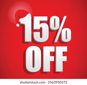 Set illustration of vibrant red Christmas sale banner featuring bold white text offering 15% off, with a festive touch of a Santa hat on the number "1". Perfect for holiday promotions and discounts.