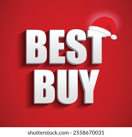 Set illustration of vibrant red Christmas-themed banner featuring the words "BEST BUY" in bold white letters, accented with a festive Santa hat, ideal for promotions and holiday discounts.