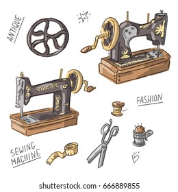 Set illustration with vintage sewing machine and lettering