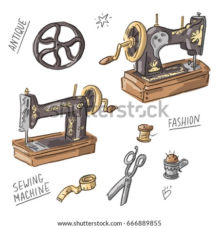 Set illustration with vintage sewing machine and lettering
