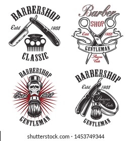 Set illustration in vintage style for barbershop with skull, razor, scissors, shaving brush. Text and other elements in each illustration in separate groups.