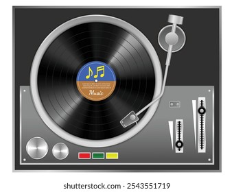 Set illustration of a vintage vinyl record player, showcasing a black vinyl disc with a stylized music label, tonearm, and control knobs. The retro design emphasizes the analog charm of classic music