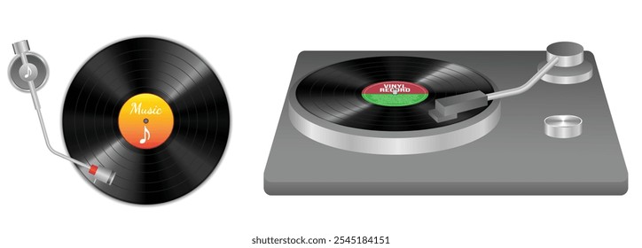 Set illustration of vinyl record and turntable setup, showcasing a close-up of a classic music player and a vinyl disc. The record on the left features a vibrant orange and yellow label with a music