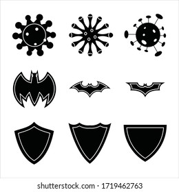 Set illustration of viruses, bats, and shields with glyphs style.
