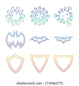 Set illustration of viruses, bats and shields with gradient line style