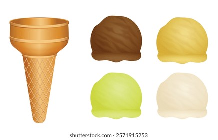 Set illustration of waffle cone along with four ice cream scoops in different colors and flavors. The scoops include chocolate brown, caramel yellow, lime green, and vanilla white, representing