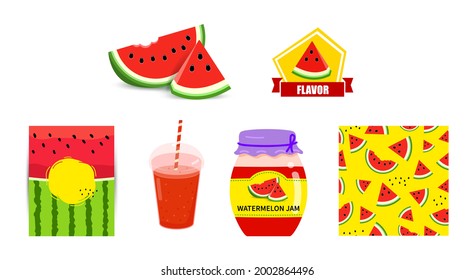 Set illustration with watermelon. Glass jar with label and red jam. Template Poster or banner. Vector seamless pattern with slice on white background.