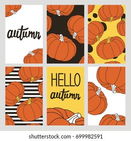 Set of illustration with whole pumpkins, hand drawn backdrop. Colorful collection, raw food vector. Overlapping background with vegetables. Decorative wallpaper, good for printing