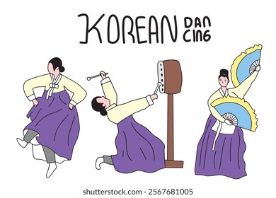 set of illustration woman dance traditional south korea, music traditional