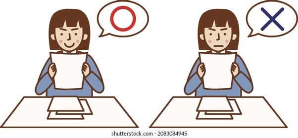 Set illustration of a woman named "⚪︎" and a woman called "×" holding documents.