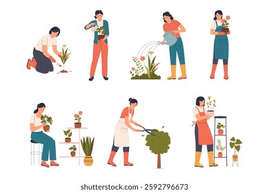 Set illustration of woman planting flower. gardener woman taking care of flower plants. Illustration for website, landing page, mobile app, poster and banner.