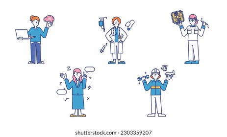 It is a set illustration A of a woman who works in a wide variety of science jobs.