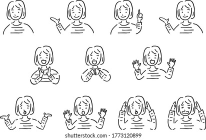 set illustration of woman's face with various expressions