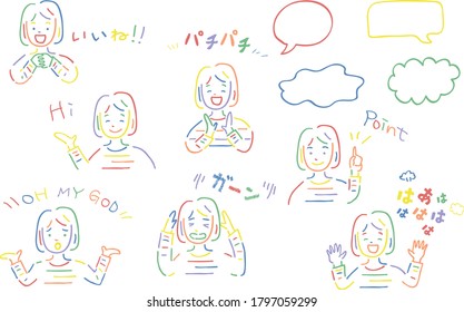 feste Darstellung des Gesichts einer Frau mit verschiedenen Ausdrücken und Wort des japanischen Charakters "lachen" "klap,klap""oh mein Gott"