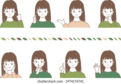 set illustration of woman's face with various hand gesture