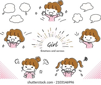 set illustration of woman's face with various expressions and speech bubbles