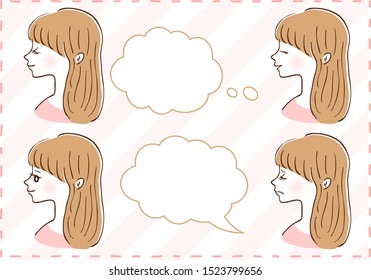 set illustration of woman's profile with various expressions with speech bubble