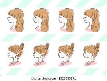set illustration of woman's profile with various expressions