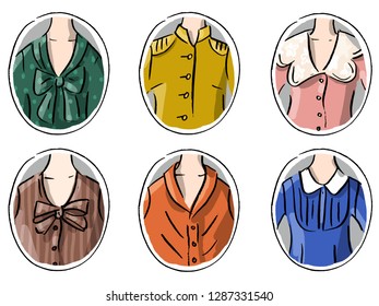Set illustration with women's collars, women's necklines, fashion, dresses