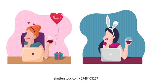 Set illustration young free womans on online dating or try to found couple. Online chatting and drinking red wine. Flat illustration for web, landing page, banner.