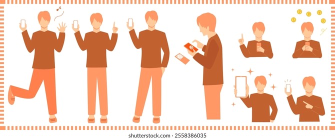 Set illustration of a young man operating a smartphon.