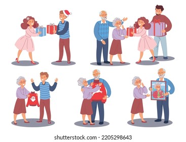 Un conjunto de ilustraciones con jóvenes y ancianos, hombres y mujeres dan regalos. Felices amigos, familia, abuelos dando y recibiendo regalos. Caracteres, emociones. Ilustración moderna aislada. Icono, sim