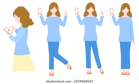 set illustration of a young woman operating a smartphone with no facial expression.
