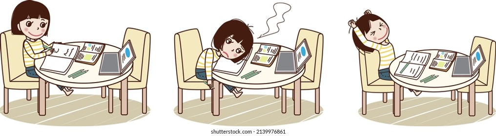 A set illustration of a young woman studying at a table.