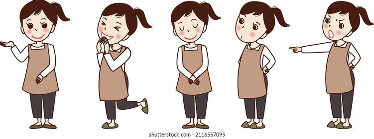 A set illustration of a young woman wearing an apron.