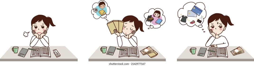 A set illustration of a young woman who keeps a household account book and is thinking.


