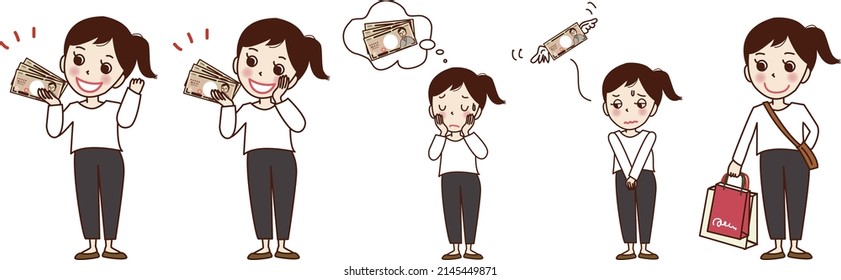 A set illustration of a young woman who is happy to have cash, a woman who is worried, and a woman who is shopping.