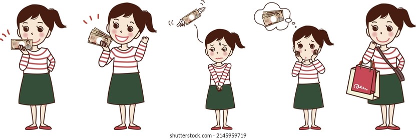 A set illustration of a young woman who is happy to have cash, a woman who is worried, and a woman who is shopping.