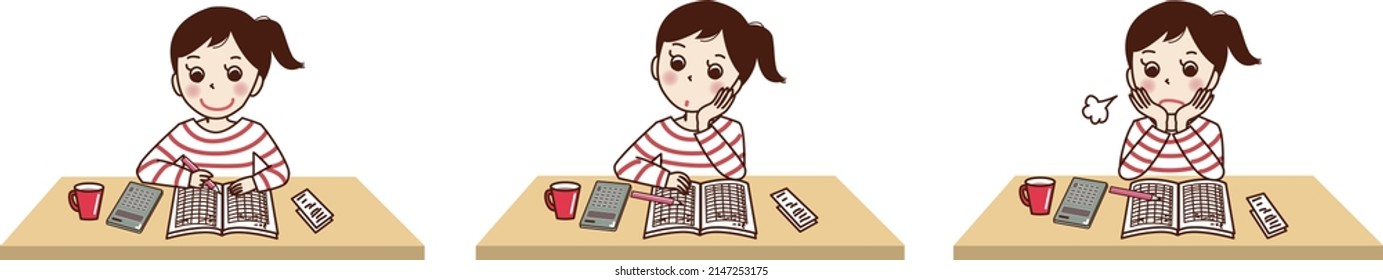 A set illustration of a young woman who keeps a household account book.