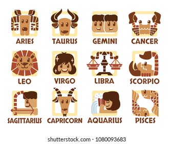 Set illustration with zodiac signs (Astrology, horoscope sign) in cute cartoon style. Freehand drawing and isolated on background.