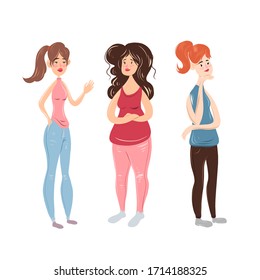 Set of illustrations. 3 modern young girls. cartoon style. Vector illustration isolated on white background.