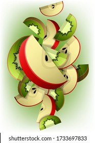 Set of illustrations with 3D fruit slices. Abstract composition of ripe apples and kiwis.
Design for decoration. Stock vector.