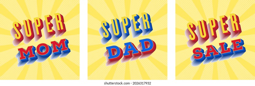 Set of illustrations with 3D lettering in the style of superhero comics. For the design of T-shirts, stickers, badges, emblems and more.