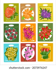 A set of illustrations of 9 pieces. Seeds of garden flowers in a paper bag. Bright color sketch. Vector.