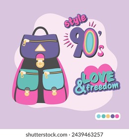 Set illustrations in 90 style. Backpack and stickers in flat design. Attributes of pop culture of the 90s. Vector illustration. 
