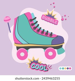 Establecer ilustraciones en estilo 90. Patines, pegatinas y piruleta en diseño plano. Atributos de la cultura pop de los años 90. Ilustración vectorial. 
