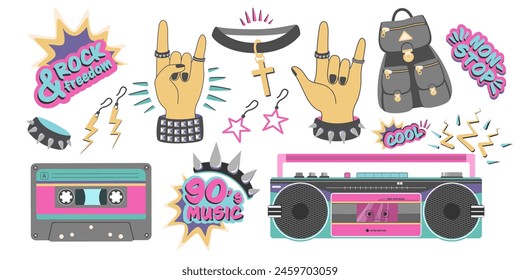 Set illustrations  in 90 style. Stickers 90 style in flat design. Attributes of culture of the 90's. Vector illustration. 
