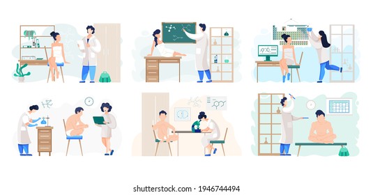 Set of illustrations abot working with equipment. People in underwear after sauna in laboratory