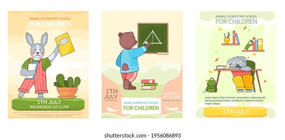 Set of illustrations about animal elementary school for children. Pets students during lesson