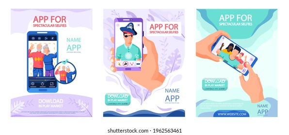 Set of illustrations about app for spectacular selfies concept poster. People use application to edit photos. Cartoon characters posing for selfie on phone screen. Photo app available in play market