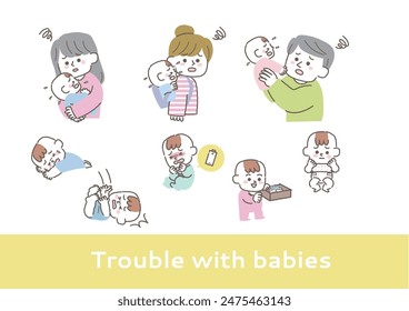 set of illustrations about baby accidents and troubles